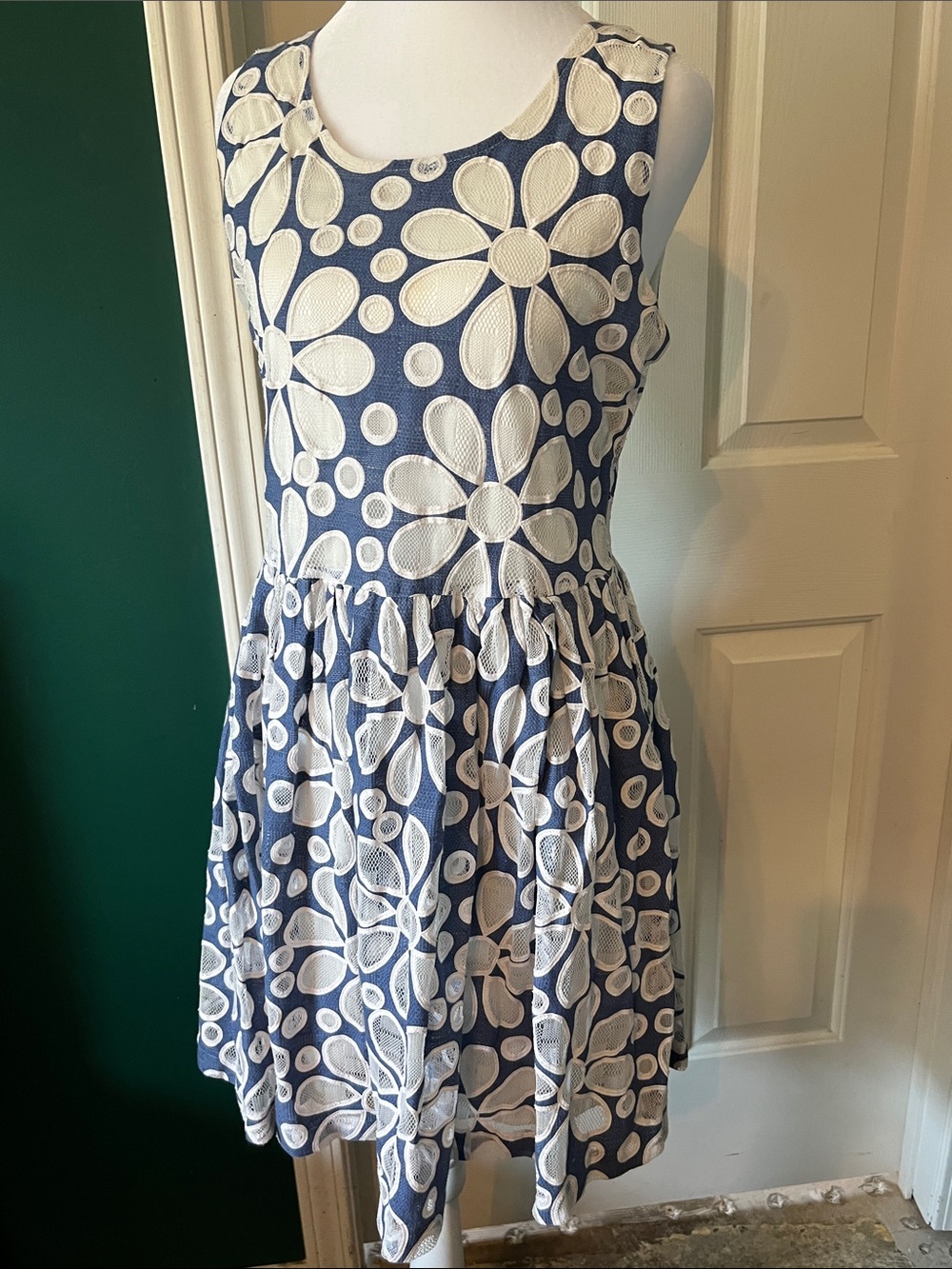 Gracia Navy & White Floral Eyelet Fit-and-Flare Dress